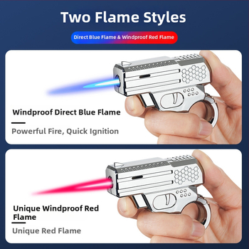 Kovový zapaľovač, vetruodolný, poháňaný butánom, nafukovací mechanizmus, červený plameň (Kovový; Vetruodolný; Bután; Nafukovací; Červený plameň)