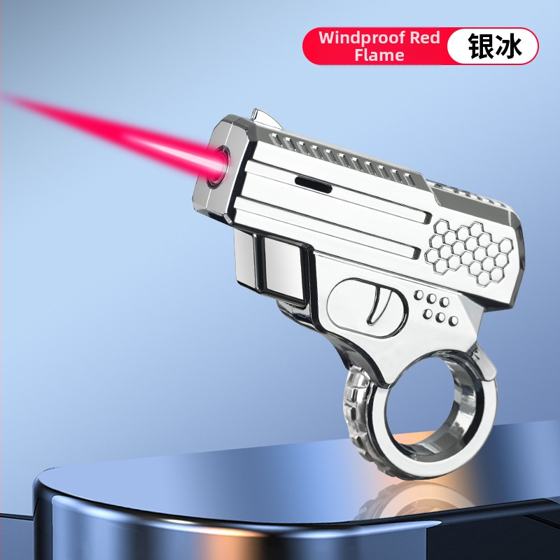Kovový zapaľovač, vetruodolný, poháňaný butánom, nafukovací mechanizmus, červený plameň (Kovový; Vetruodolný; Bután; Nafukovací; Červený plameň)