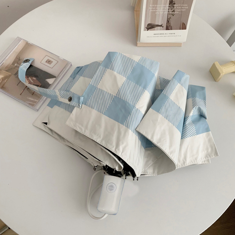 Skladaný slnečník s károvaným vzorom, UV ochrana, automatické otvorenie, 8 oceľových žíl, tkanina 190T