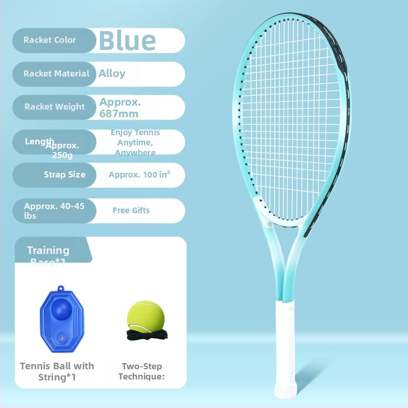 Teniso treniruočių rinkinys su aliuminio lydinio rakete – horizontinis smūgis, rankenos storis G3, vidutinio kietumo, tinkamas pradedantiesiems