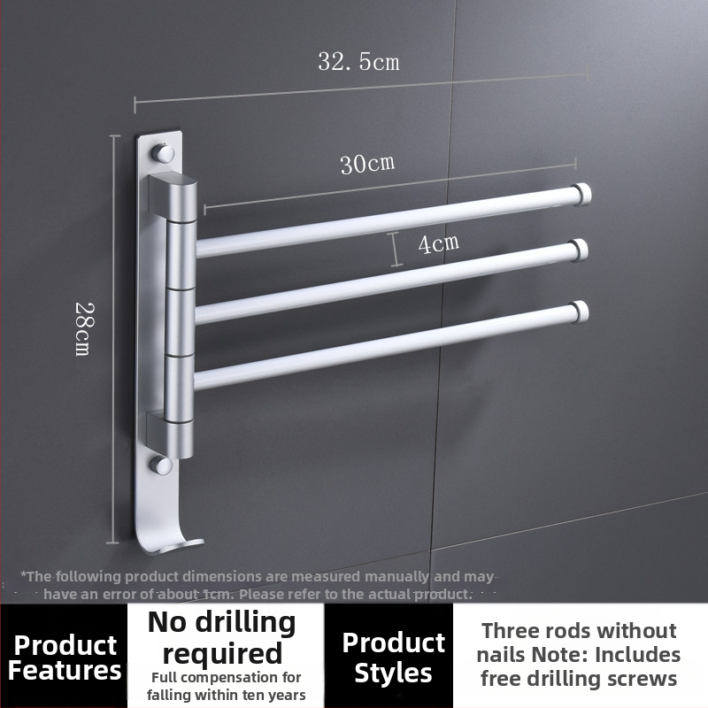 Rotujúci bezvŕtový stojan na uteráky z vesmírneho hliníka, viacstĺpový dizajn, do kúpeľne, CE certifikát
