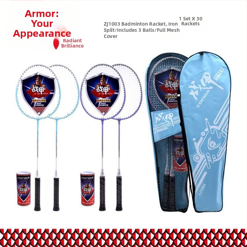 Bedmintonová raketa, rám ferroalloy, hmotnosť 95–100 g, hrúbka rukoväte G1, typ rakety: priama, nylonové struny, dvojbalenie s ďalšími shuttlecockmi