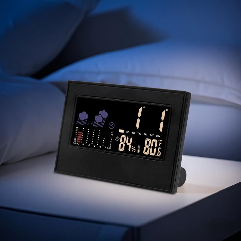 Stolný budík s LCD displejom, teplomerom a vlhkomerom, externým napájaním, elektronickým pohonom