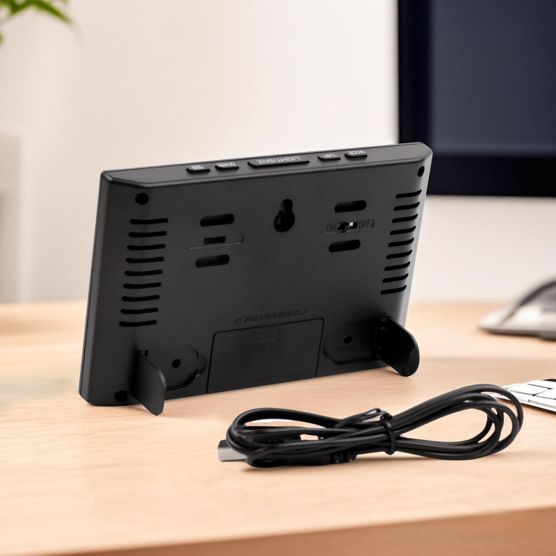 Stolný budík s LCD displejom, teplomerom a vlhkomerom, externým napájaním, elektronickým pohonom