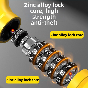 Zámok s káblom a číselným kódom pre bicykle a elektrické vozidlá – prenosný model L4; materiál: PVC + oceľový kábel + zinková zámka; hmotnosť ~110 g; vhodný pre bicykle, motocykle, elektrické vozidlá, trojkolesové vozidlá a sklenené dvere.