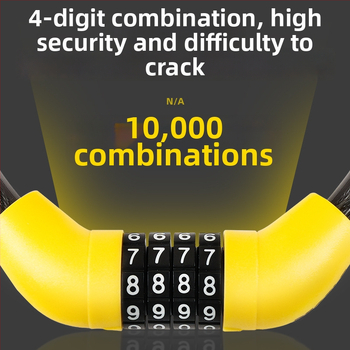 Zámok s káblom a číselným kódom pre bicykle a elektrické vozidlá – prenosný model L4; materiál: PVC + oceľový kábel + zinková zámka; hmotnosť ~110 g; vhodný pre bicykle, motocykle, elektrické vozidlá, trojkolesové vozidlá a sklenené dvere.