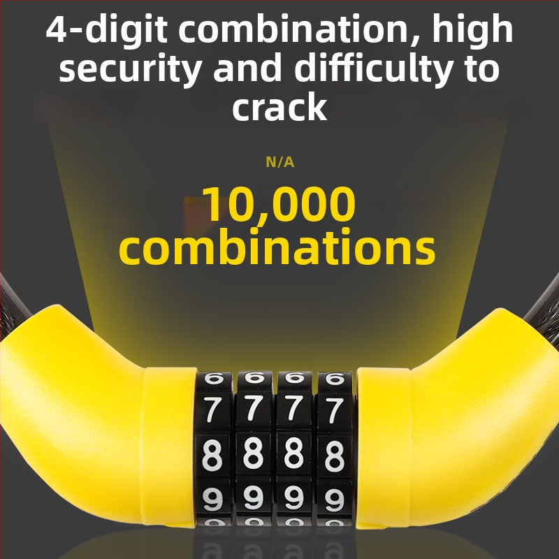 Zámok s káblom a číselným kódom pre bicykle a elektrické vozidlá – prenosný model L4; materiál: PVC + oceľový kábel + zinková zámka; hmotnosť ~110 g; vhodný pre bicykle, motocykle, elektrické vozidlá, trojkolesové vozidlá a sklenené dvere.