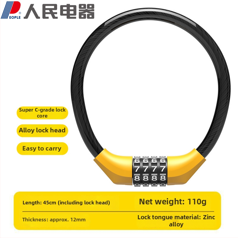 Zámok s káblom a číselným kódom pre bicykle a elektrické vozidlá – prenosný model L4; materiál: PVC + oceľový kábel + zinková zámka; hmotnosť ~110 g; vhodný pre bicykle, motocykle, elektrické vozidlá, trojkolesové vozidlá a sklenené dvere.