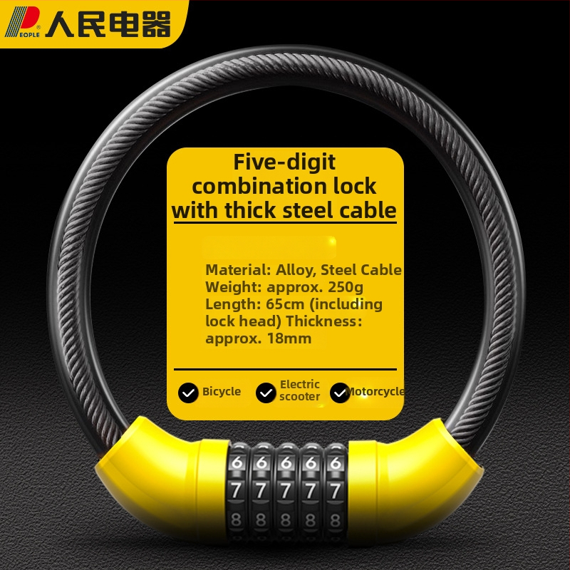 Zámok s káblom a číselným kódom pre bicykle a elektrické vozidlá – prenosný model L4; materiál: PVC + oceľový kábel + zinková zámka; hmotnosť ~110 g; vhodný pre bicykle, motocykle, elektrické vozidlá, trojkolesové vozidlá a sklenené dvere.