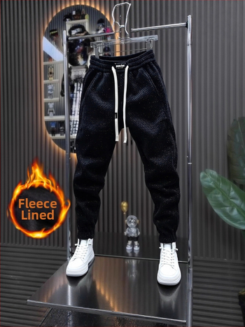 Pánske fleece športové nohavice, rovný strih, zima 2025, stredný pás, zmes polyester-bavlna (95% polyester), voľnočasové