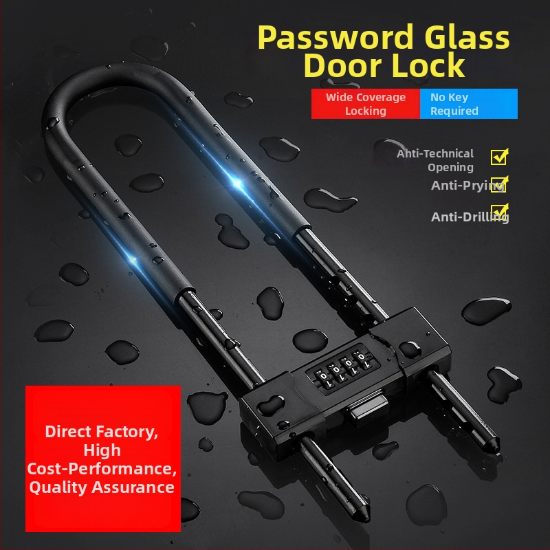 U-typ zámok s heslom pre sklenené dvere, mechanický, oceľový, hrúbka zámkovej tyčinky 15 mm, rozstup tyčí 85 mm