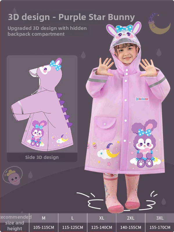 Detské EVA pončo do dažďa s karikatúrnym dizajnom, EVA látka 0,15 mm, reflexná páska, zapínanie prackou