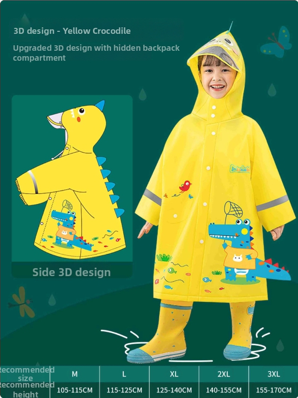 Detské EVA pončo do dažďa s karikatúrnym dizajnom, EVA látka 0,15 mm, reflexná páska, zapínanie prackou