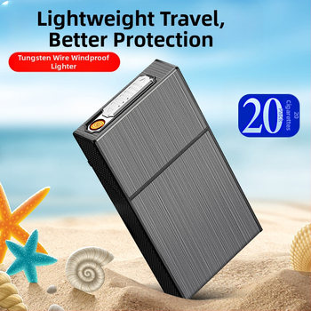 Hlinírová krabička na cigarety s integrovaným nabíjateľným zapaľovačom, moderný minimalistický štýl, gravírovanie/logo na prispôsobenie, ideálny darček k narodeninám, na nový domov alebo firemné dary