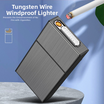 Hlinírová krabička na cigarety s integrovaným nabíjateľným zapaľovačom, moderný minimalistický štýl, gravírovanie/logo na prispôsobenie, ideálny darček k narodeninám, na nový domov alebo firemné dary