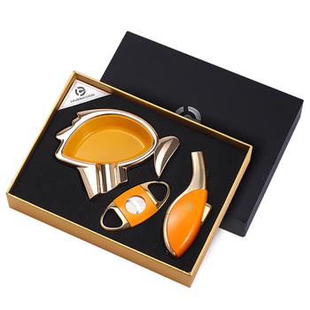 Trojdielny set na cigarety: nožnice na cigarety, zapaľovač a popolník — laserový povrch, zliatina zinku, ručne vyrobené, HANNICOOK