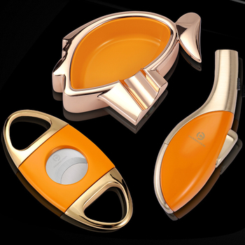 Trojdielny set na cigarety: nožnice na cigarety, zapaľovač a popolník — laserový povrch, zliatina zinku, ručne vyrobené, HANNICOOK