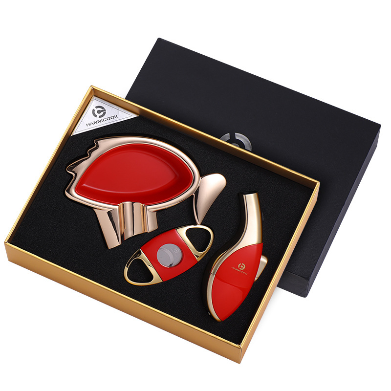 Trojdielny set na cigarety: nožnice na cigarety, zapaľovač a popolník — laserový povrch, zliatina zinku, ručne vyrobené, HANNICOOK