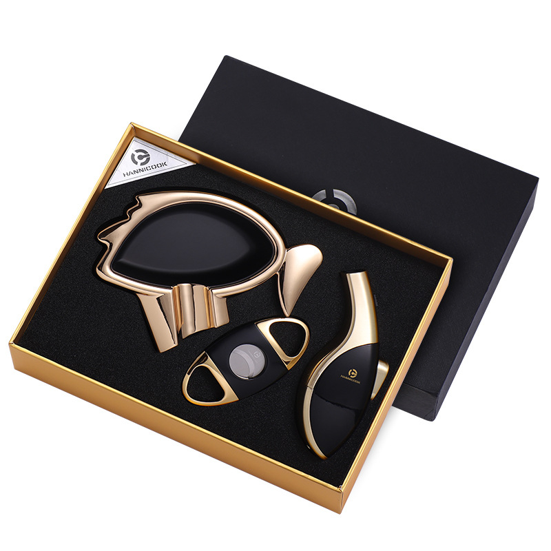 Trojdielny set na cigarety: nožnice na cigarety, zapaľovač a popolník — laserový povrch, zliatina zinku, ručne vyrobené, HANNICOOK