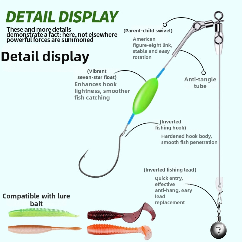 Nailona zvejas komplekts ar plūdošu uzstādījumu, apgrieztais āķis, bez svina