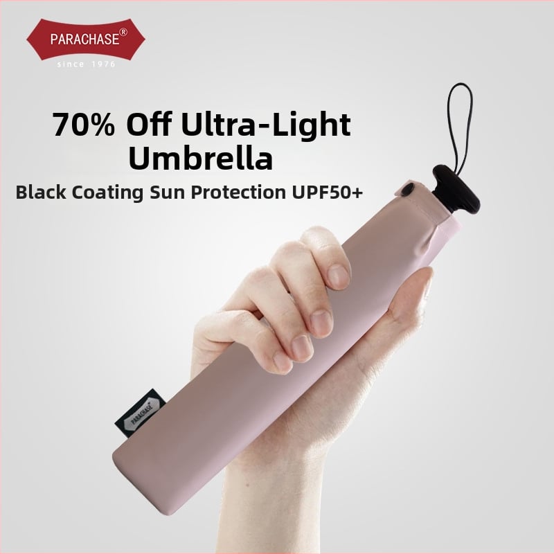PARACHASE ултра-лек сгъваем чадър, 198 г, 6-ребърна алуминиева рамка, винилова козирка, UPF50+ слънцезащита, ръчно отваряне/затваряне