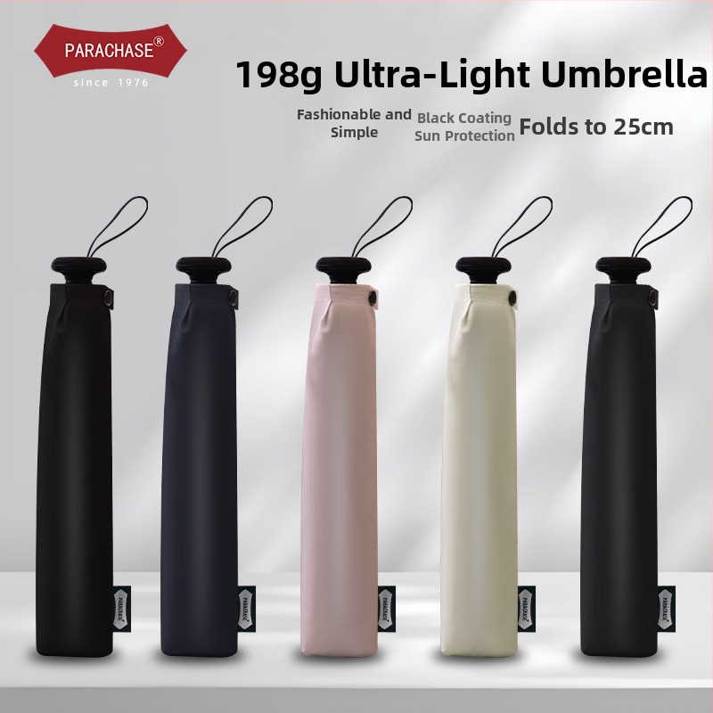 PARACHASE ултра-лек сгъваем чадър, 198 г, 6-ребърна алуминиева рамка, винилова козирка, UPF50+ слънцезащита, ръчно отваряне/затваряне