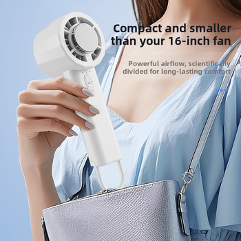 Käepärane jahutusventilaator sisseehitatud akuga 1200–2000 mAh, 6+ labad, harjeldeta mootor, USB laadimine, 3 kiirust, müratase ≤36 dB, termoelektriline jahutus.