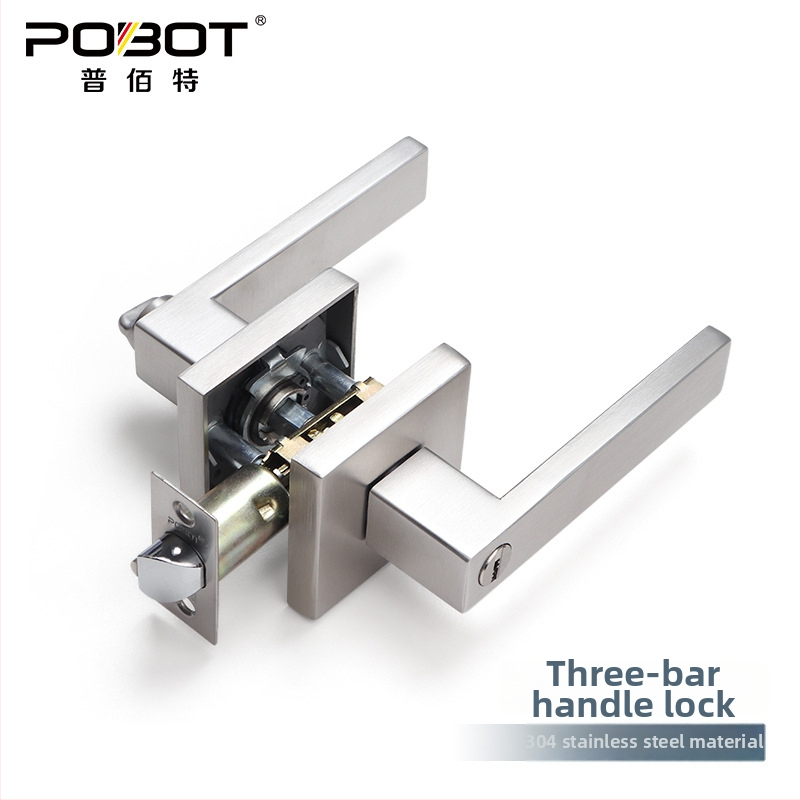 Kilincs-zár – négyzetes, három karos zár, PBT-8811, rozsdamentes acél, masszív fa ajtókhoz (iroda/hálószoba)