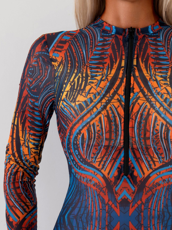 Ženski jednodijelni kupaći kostim s dugim rukavima, cvjetni uzorak, 95% poliester, 5% elastan