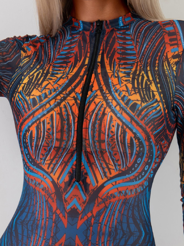 Ženski jednodijelni kupaći kostim s dugim rukavima, cvjetni uzorak, 95% poliester, 5% elastan