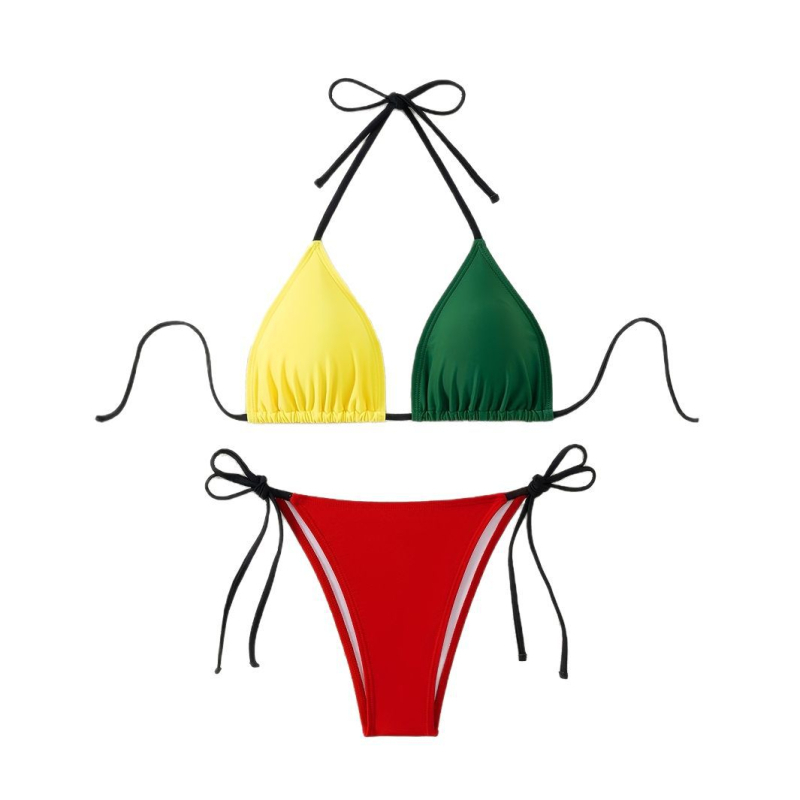 Dvodijelni bikini s napunjenim gornjim dijelom i usklađenim dizajnom; vanjski materijal: najlon; poliester smjesa 82%; podstava: poliester 18%; pogodan za plivanje.