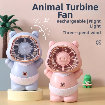 USB käsiventilaator armas loomade kujundusega ja värvilise öövalgustusega; 5 labad; 4 kiirust; sisseehitatud aku 300–500 mAh; USB laadimine; müratase 36–45 dB.