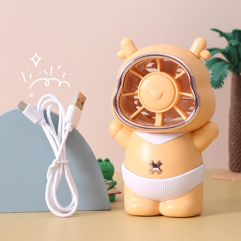 USB käsiventilaator armas loomade kujundusega ja värvilise öövalgustusega; 5 labad; 4 kiirust; sisseehitatud aku 300–500 mAh; USB laadimine; müratase 36–45 dB.