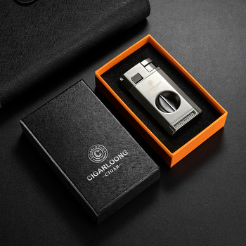 Mitmeotstarbeline sigarilõõtja koos V-tüüpi käärsete ja sigari puuriga — sulam, gaas (butaan), trükitud logo, sobib kingituseks