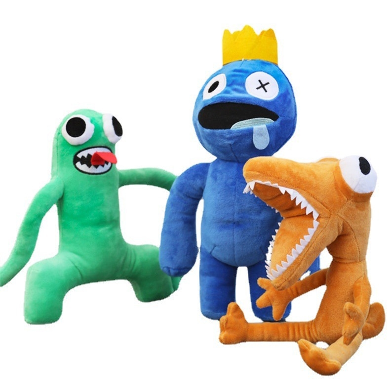 Rainbow Friends plüssjáték — aranyos szörny figura, PP Cotton töltet, hálós tasakos csomagolás, 7–14 éveseknek.