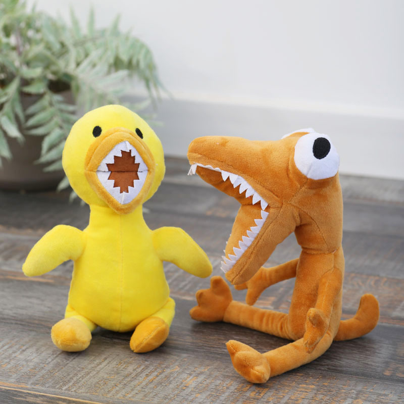 Rainbow Friends plüssjáték — aranyos szörny figura, PP Cotton töltet, hálós tasakos csomagolás, 7–14 éveseknek.