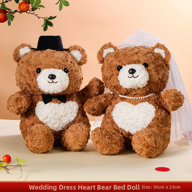 Santuokų pliušinių lėlyčių pora - aukštos kokybės mielos meškiukų pagalvėlės jaunavedžiams - užpildas PP medvilnė, trumpas minkštas pliušas, dovanų dėžutės pakuotė