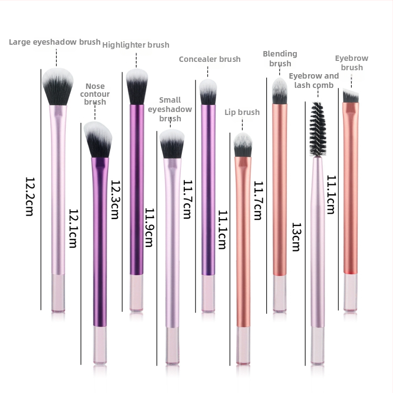 9-osaline meigikäsnede komplekt alumiiniumist vartega, sünteetilised karvad, karva pikkus 3 cm, kogupikkus 13 cm