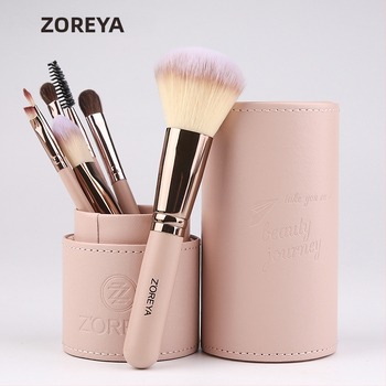 ZOREYA sada 7 štetcov na make-up — prenosná, pre začiatočníkov, s dreveným držaním, syntetickými štetinami, v PU puzdre