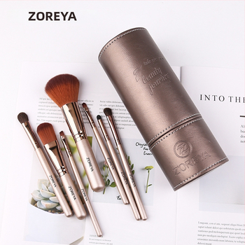 ZOREYA sada 7 štetcov na make-up — prenosná, pre začiatočníkov, s dreveným držaním, syntetickými štetinami, v PU puzdre