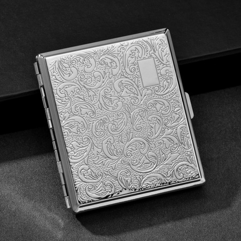 FOGSON metalna kutija za cigarete s vintage izrezbarenim dizajnom i preklopnim poklopcem, modern minimalistički stil, ispis logotipa i mogućnosti prilagodbe.