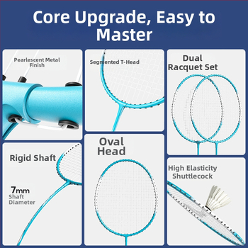 Hanchang sulamiga badmintoniraamiga komplekt algajatele – nailonist nöörid; sisaldab 2 raketit, 3 palli ja 1 kotti; kaal 95–100 g; käepideme paksus G1.