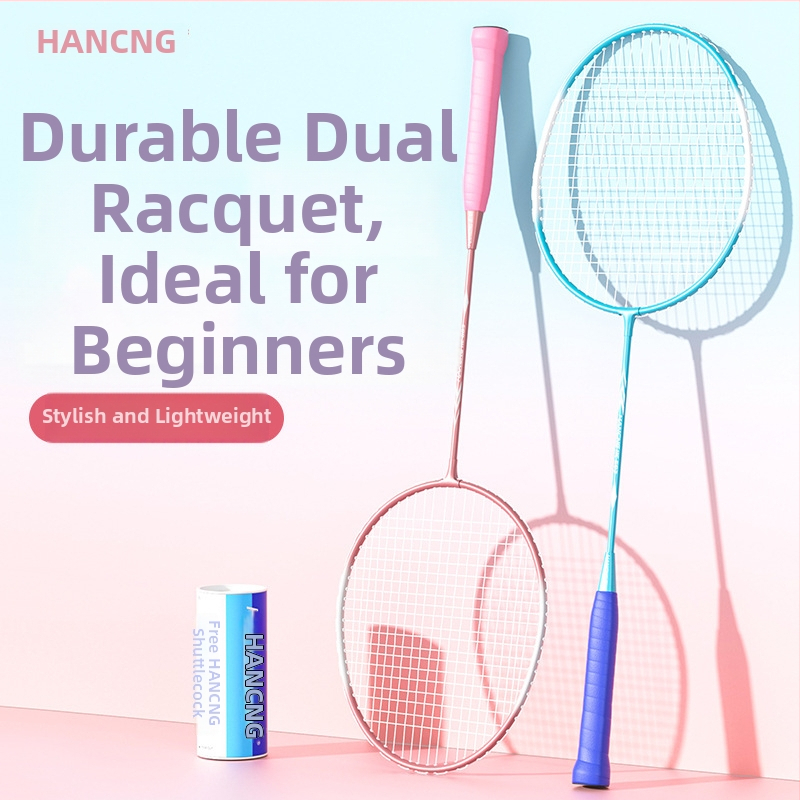Hanchang sulamiga badmintoniraamiga komplekt algajatele – nailonist nöörid; sisaldab 2 raketit, 3 palli ja 1 kotti; kaal 95–100 g; käepideme paksus G1.