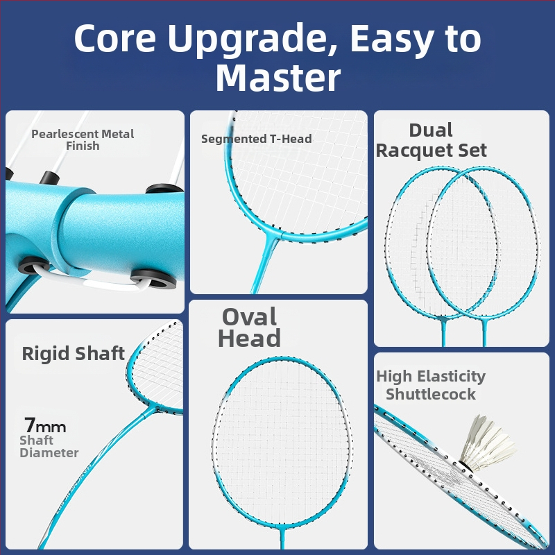 Hanchang sada badmintonu zliatinového rámu pre začiatočníkov – nylonové šnúry; Obsahuje 2 rakety, 3 loptičky a 1 taška; Hmotnosť 95–100 g; Hrúbka úchopu G1.