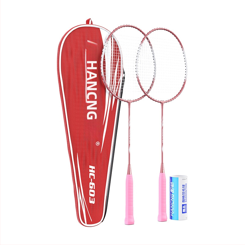 Hanchang sada badmintonu zliatinového rámu pre začiatočníkov – nylonové šnúry; Obsahuje 2 rakety, 3 loptičky a 1 taška; Hmotnosť 95–100 g; Hrúbka úchopu G1.