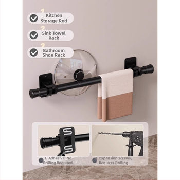 Bez vrtania: Kúpeľňový úložný systém s pevným lepidlom, vysúvacia tyč na uteráky a tyč na sprchový záves