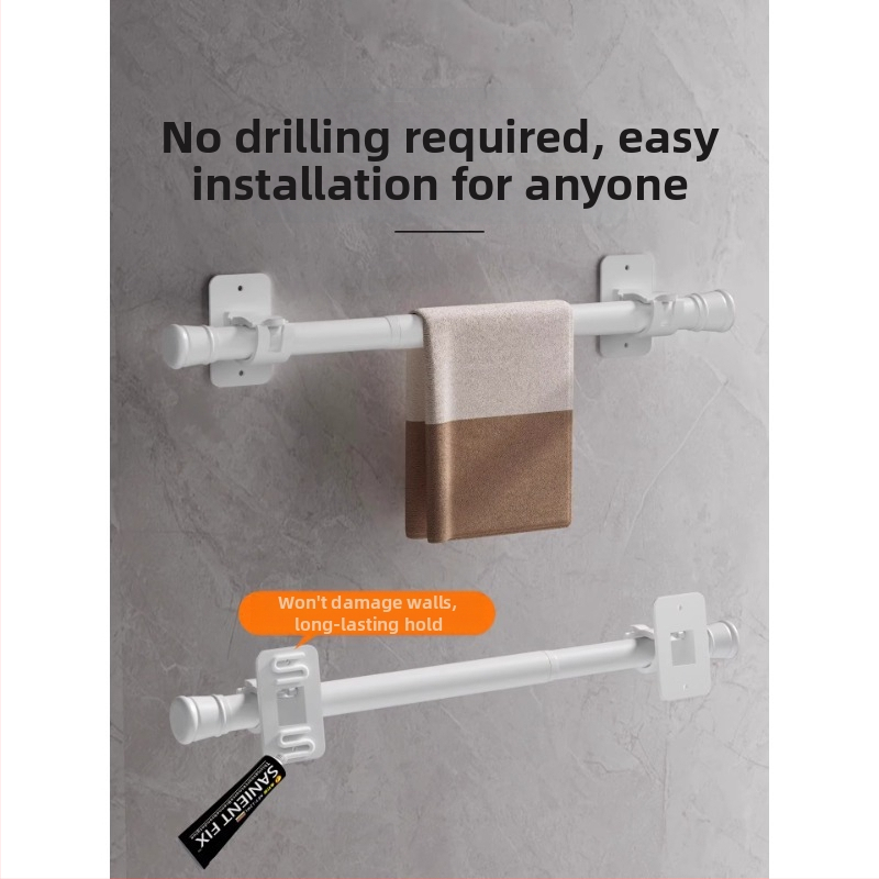 Bez vrtania: Kúpeľňový úložný systém s pevným lepidlom, vysúvacia tyč na uteráky a tyč na sprchový záves