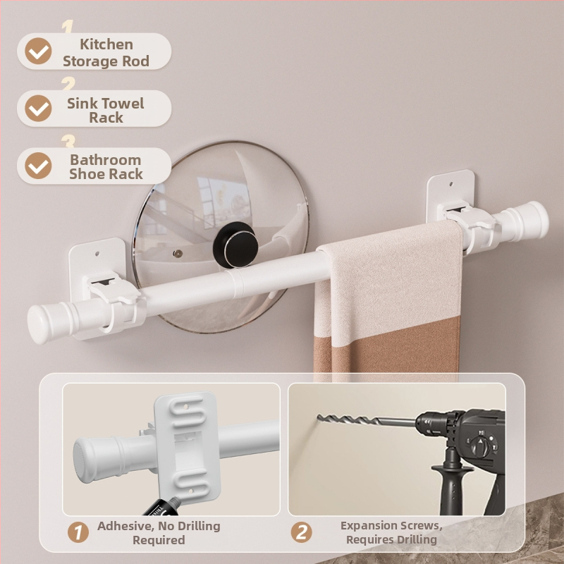 Bez vrtania: Kúpeľňový úložný systém s pevným lepidlom, vysúvacia tyč na uteráky a tyč na sprchový záves