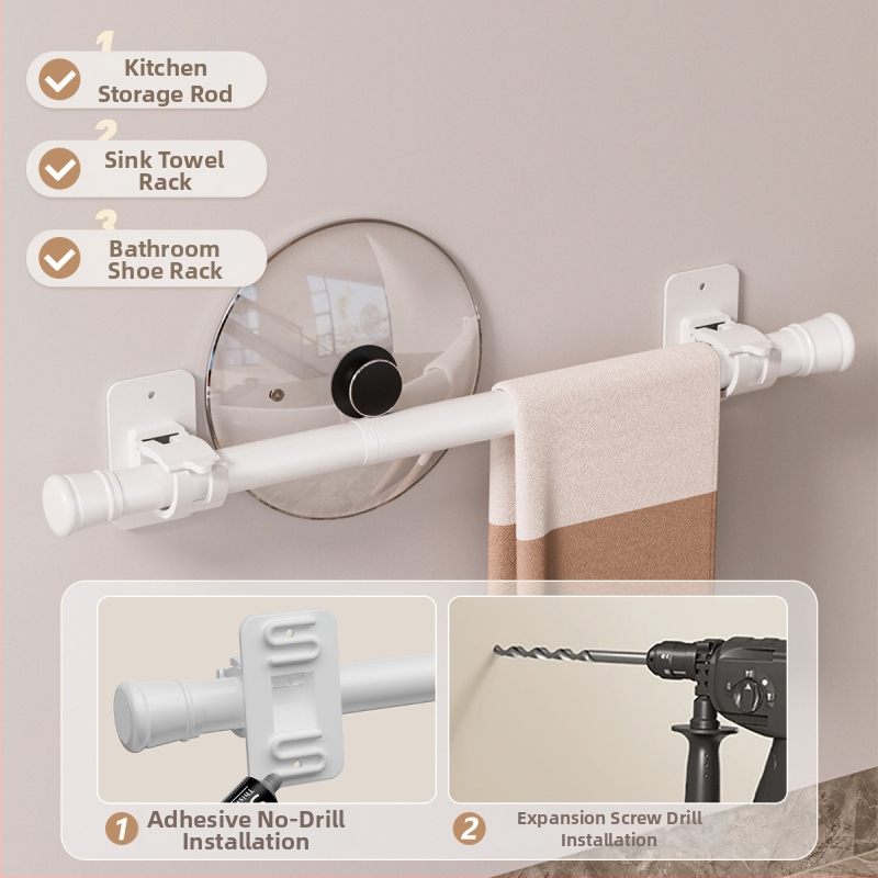 Bez vrtania: Kúpeľňový úložný systém s pevným lepidlom, vysúvacia tyč na uteráky a tyč na sprchový záves