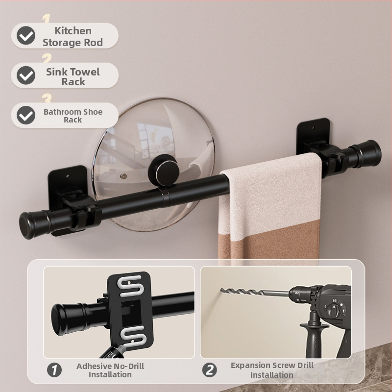 Bez vrtania: Kúpeľňový úložný systém s pevným lepidlom, vysúvacia tyč na uteráky a tyč na sprchový záves